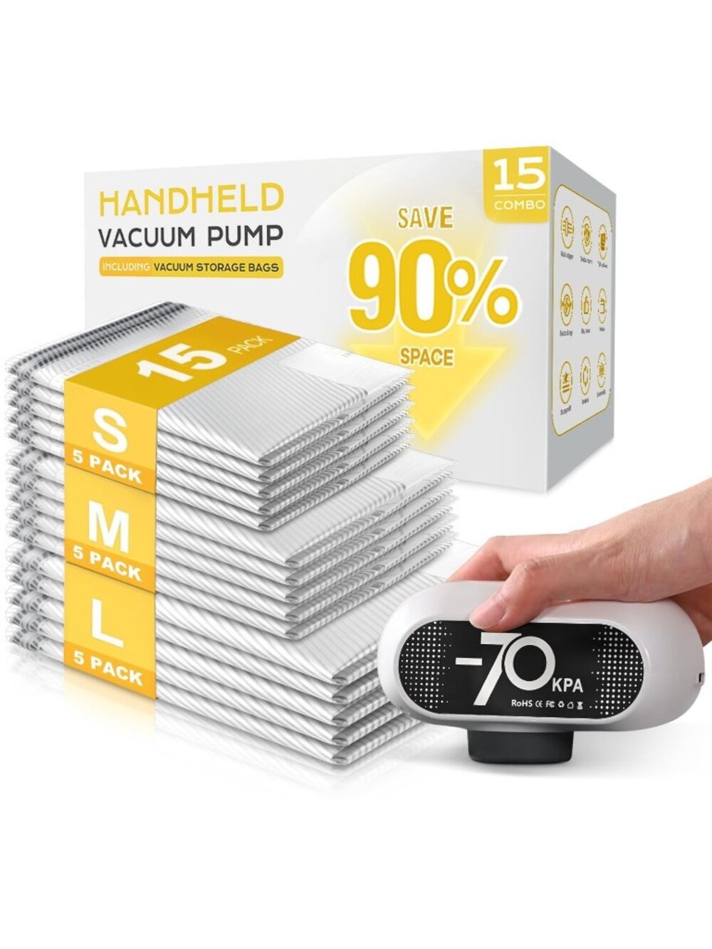 15 Pack Vacuum Storage Bags with -70KPa Electric Pump, Premium Tear-Resistant Re